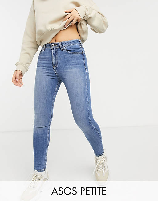ASOS DESIGN Petite high rise 'lift and contour' skinny jeans in midwash