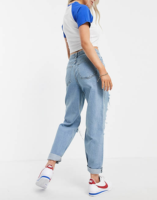 Jeans Petite high rise 'original' mom jeans in midwash with extreme rips 