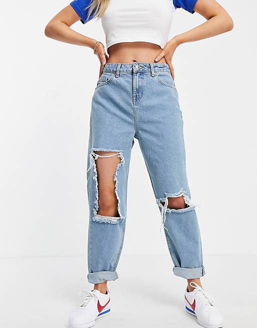 Jeans Petite high rise 'original' mom jeans in midwash with extreme rips 