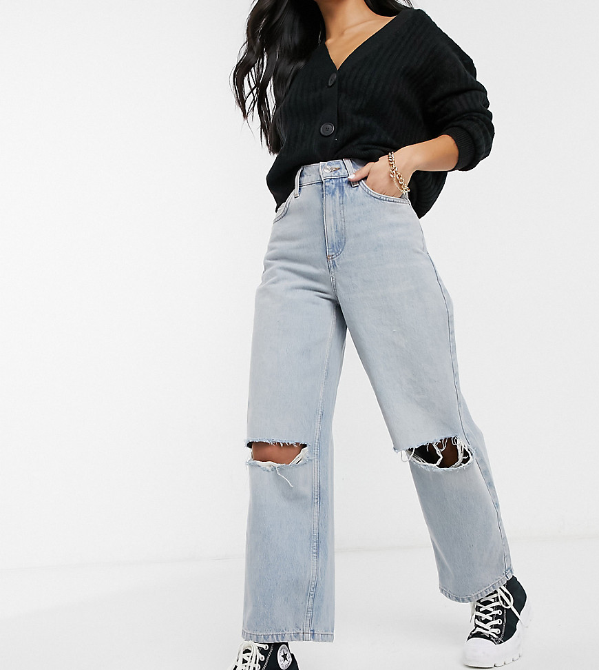 ASOS DESIGN Petite high rise 'relaxed' dad jeans in lightwash with rips-Blues