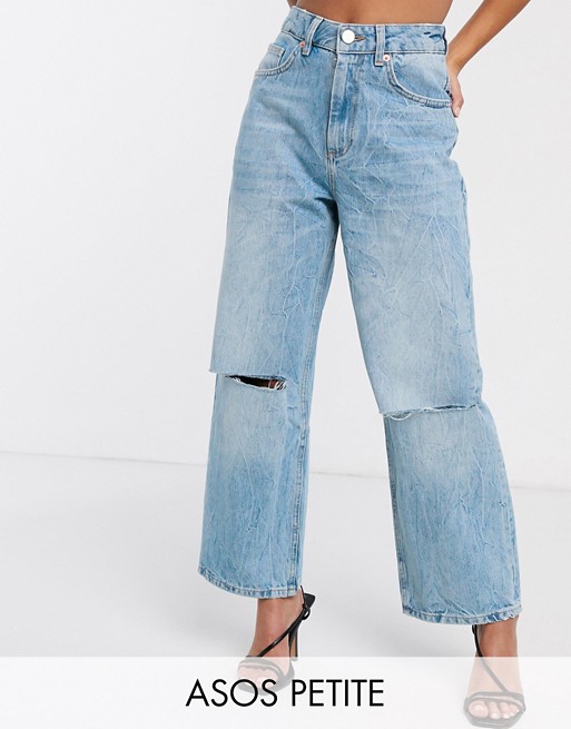 ASOS DESIGN Petite High rise 'relaxed' dad jeans in vintage light wash with rips