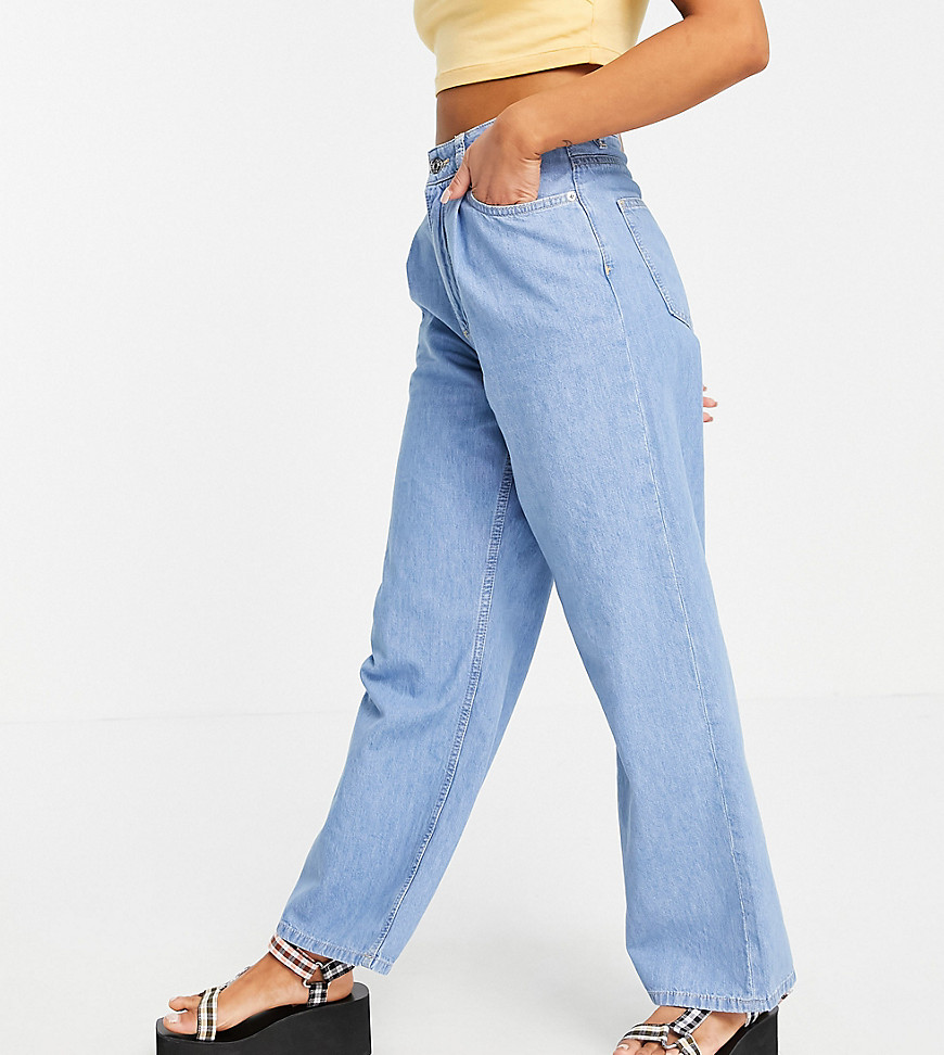 ASOS DESIGN Petite high rise 'relaxed' dad jeans with pleat fronts in midwash-Blue