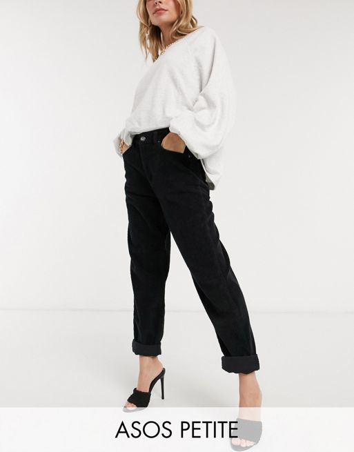 ASOS DESIGN Petite high rise 'slouchy' mom jeans in black corduroy | ASOS