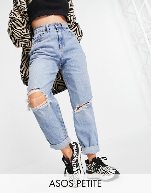ASOS DESIGN Petite high rise 'slouchy' mom jeans with rips in stonewash blue