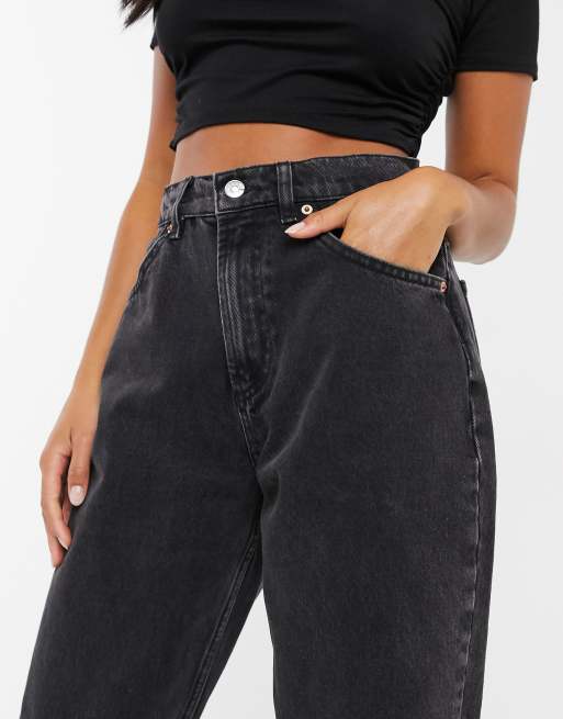ASOS DESIGN Petite high rise "slouchy" mom jeans in washed black with rips, 3 of 4