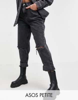 Asos Petite Asos Design Petite High Waist 'slouchy' Mom Jeans In Washed Black With Rips In Black
