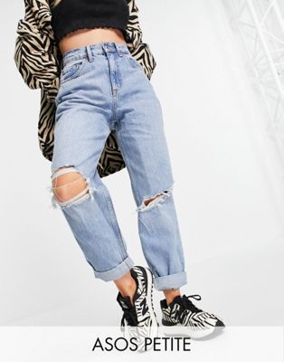 ASOS DESIGN Petite high rise 'slouchy' mom jeans with rips in stonewash ...