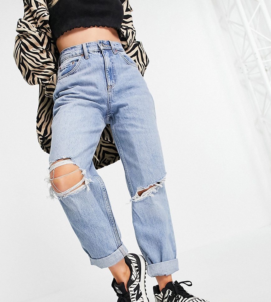 ASOS DESIGN Petite high rise 'slouchy' mom jeans with rips in stonewash blue-Blues
