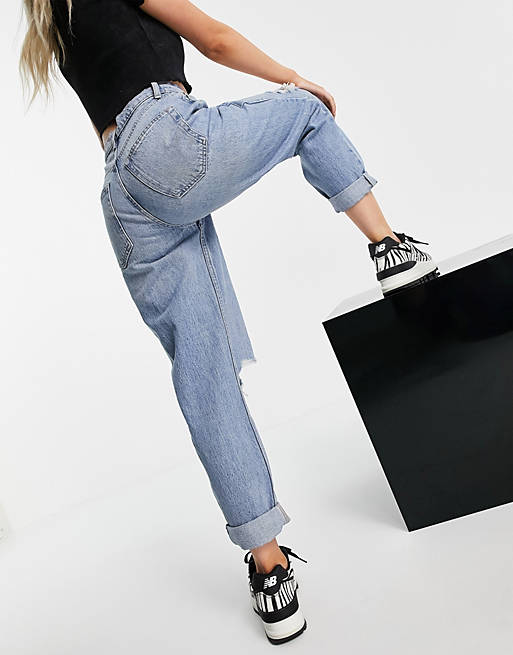  Petite high rise 'slouchy' mom jeans with rips in stonewash blue 