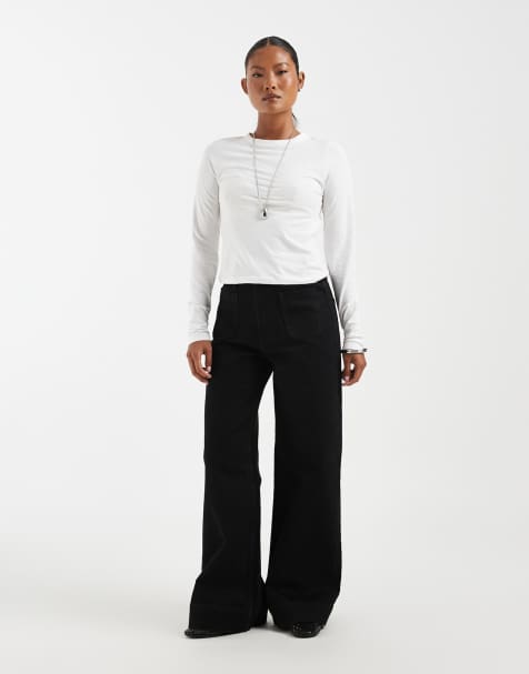 ASOS DESIGN Petite high rise wide leg jeans with front pockets in black - view 1