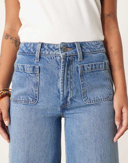 ASOS DESIGN Petite high rise wide leg jeans with front pockets in mid blue, 5 of 5
