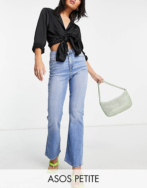 ASOS DESIGN Petite high rise 'Y2K' stretch flare jeans in midwash