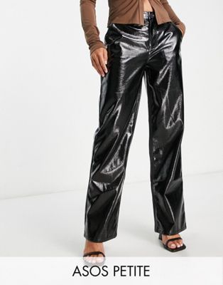 ASOS DESIGN Petite high shine crackle vinyl straight leg trouser in black