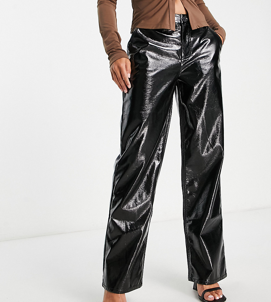 ASOS DESIGN Petite high shine crackle vinyl straight leg trouser in black