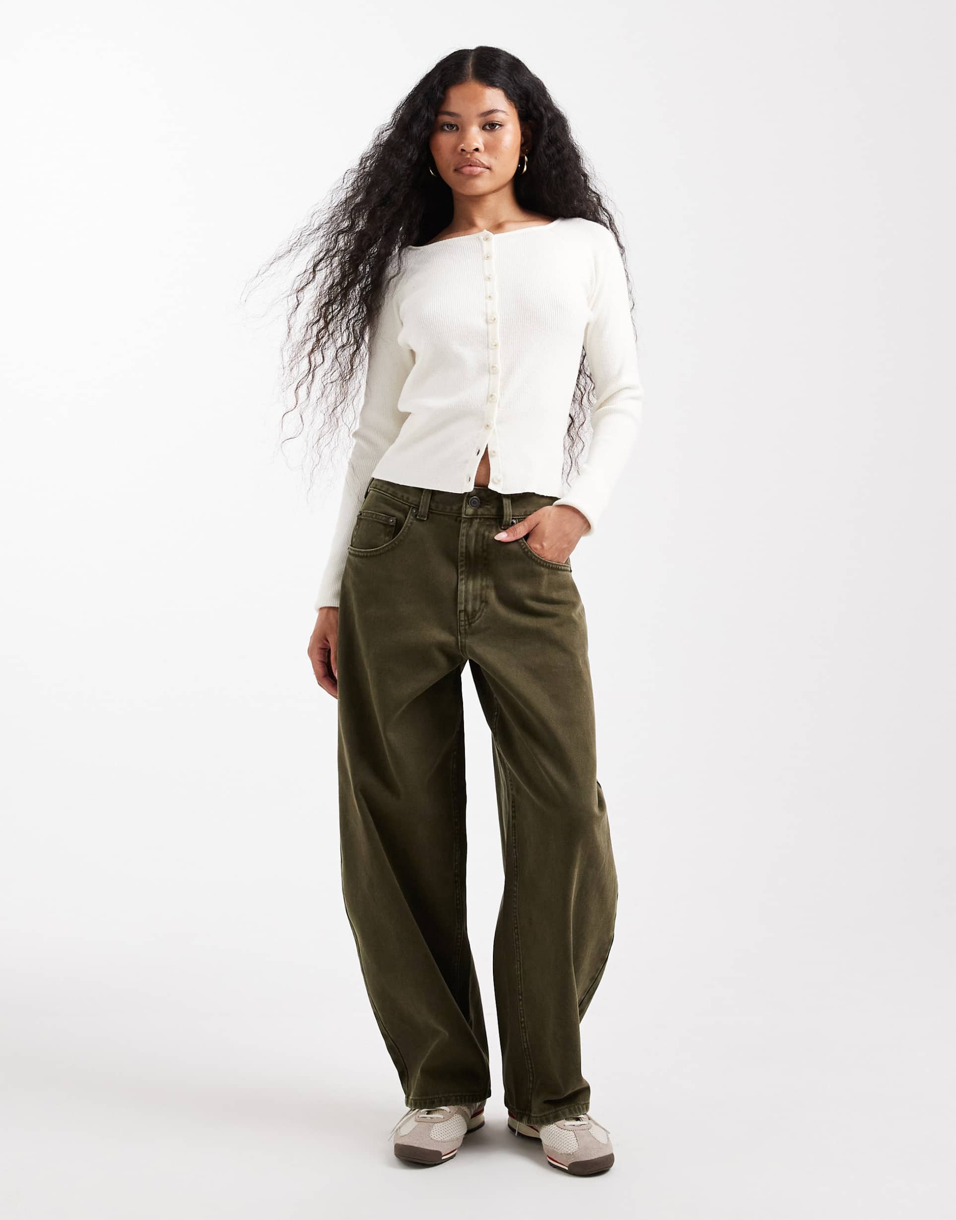 asos design petite high waist barrel leg jeans in khaki