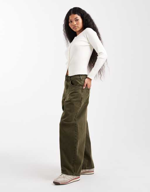 ASOS DESIGN Petite high waist barrel leg jeans in khaki, 3 of 5