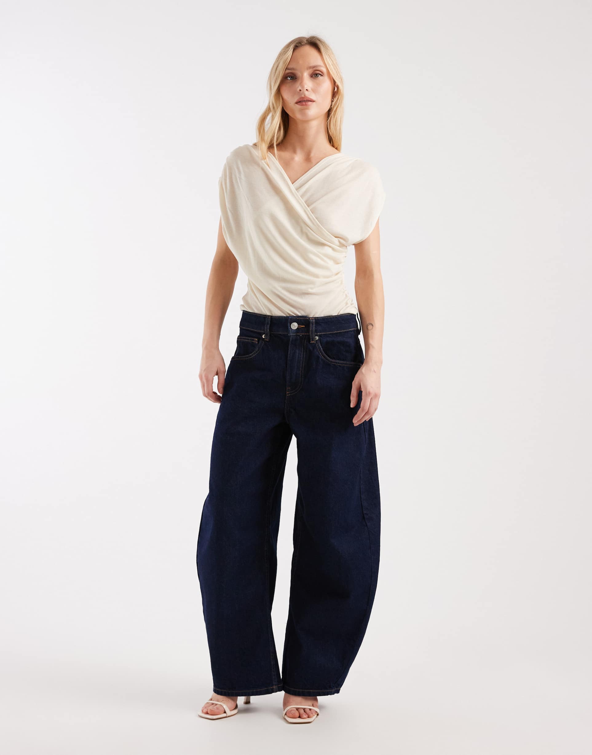asos design petite high waist barrel leg jeans in rinse wash