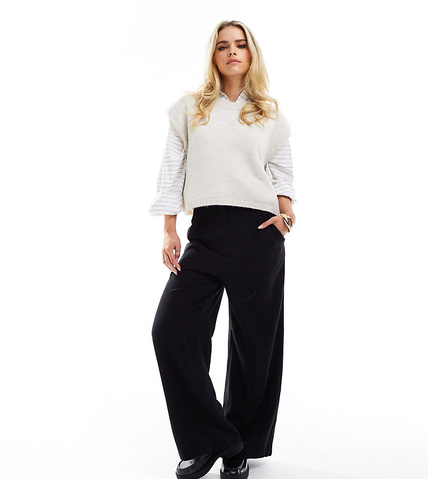 ASOS DESIGN Petite high waist seam detail trousers with linen in black