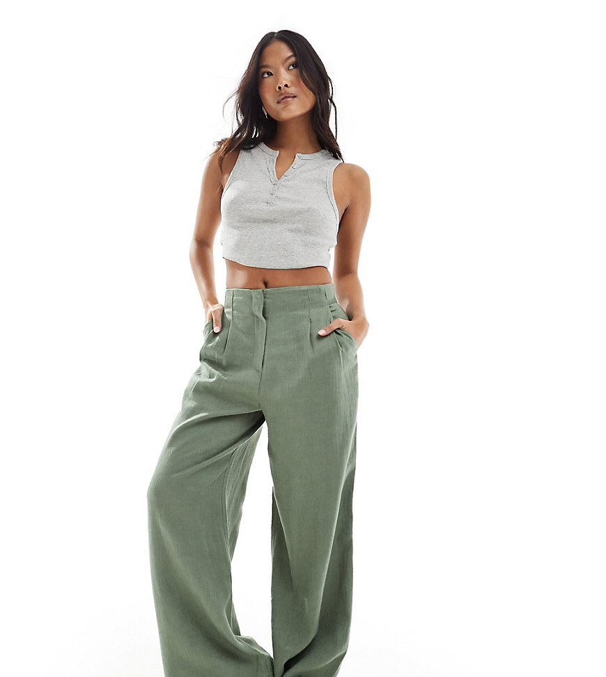 ASOS DESIGN Petite high waist seam detail trousers with linen in khaki-Green