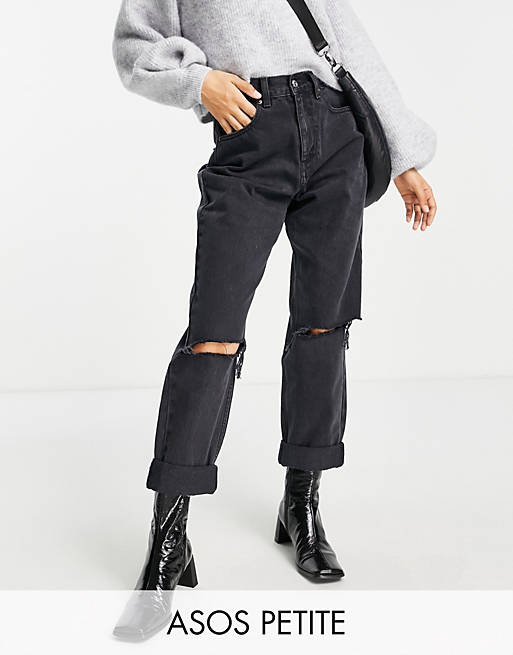 Women Petite high waist 'slouchy' mom jeans in washed black with rips 