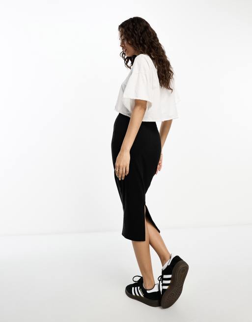 ASOS DESIGN Petite high waist tailored midi pencil skirt in black, 4 of 4