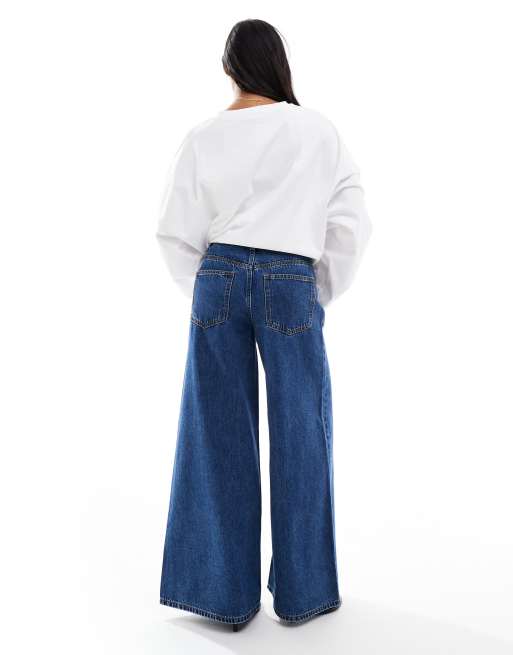 ASOS DESIGN Petite high waist wide leg jeans in midwash blue, 2 of 5