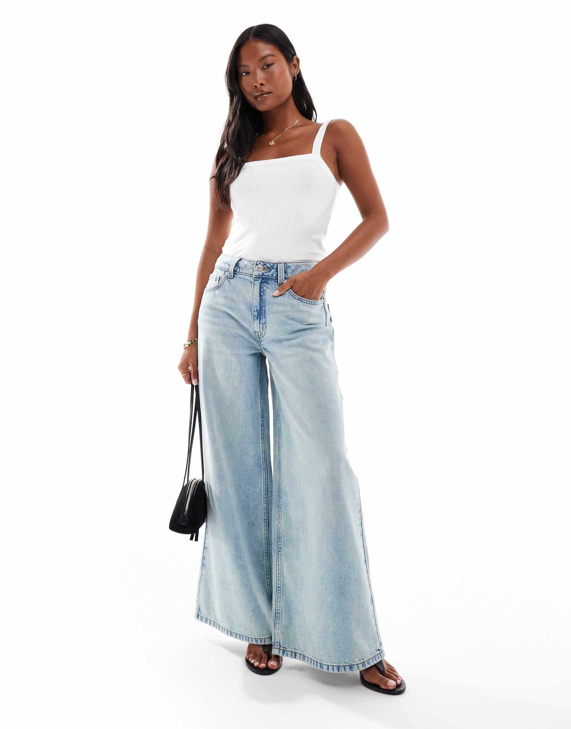 asos design petite high waist wide leg jeans in vintage wash