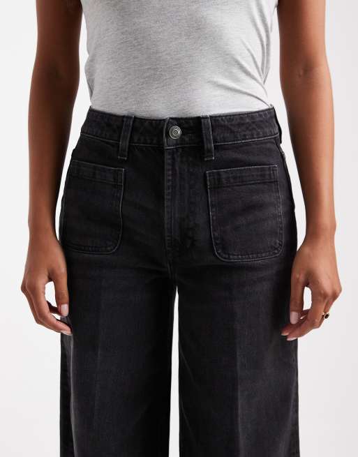 ASOS DESIGN Petite high waist wide leg jeans with front pockets in black , 5 of 5