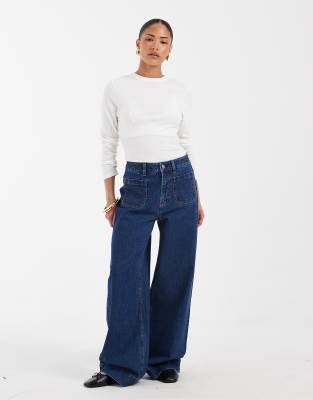 Asos Petite Asos Design Petite High Waist Wide Leg Jeans With Front Pockets In Navy