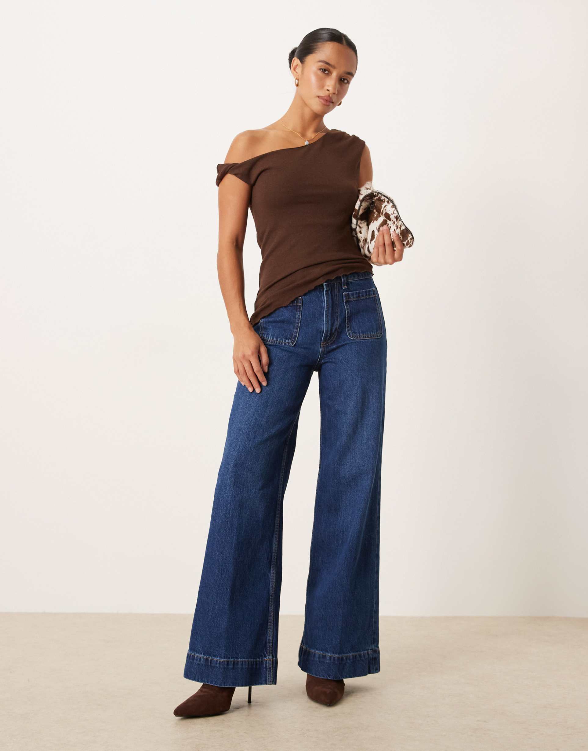 asos design petite high waist wide leg jeans with front pockets in dark wash