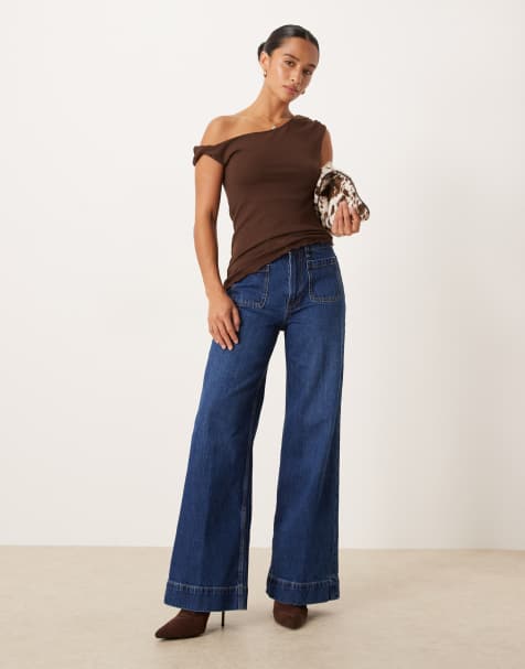 ASOS DESIGN Petite high waist wide leg jeans with front pockets in dark wash 