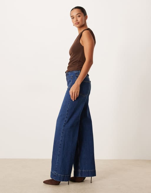 ASOS DESIGN Petite high waist wide leg jeans with front pockets in dark wash , 2 of 5