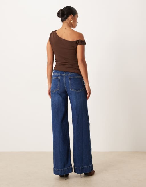 ASOS DESIGN Petite high waist wide leg jeans with front pockets in dark wash , 3 of 5