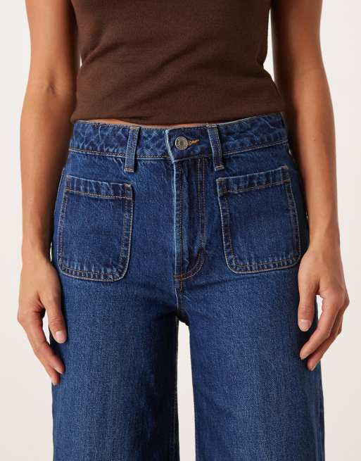 ASOS DESIGN Petite high waist wide leg jeans with front pockets in dark wash , 4 of 5