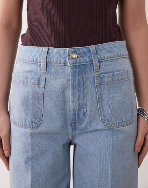 ASOS DESIGN Petite high waist wide leg jeans with front pockets in lightwash, 5 of 5