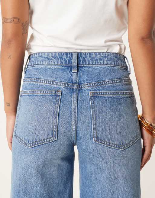 ASOS DESIGN Petite high waist wide leg jeans with front pockets in mid blue, 4 of 5