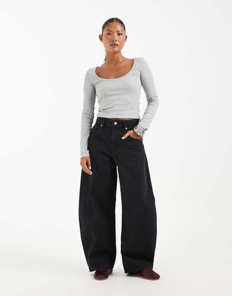 ASOS DESIGN Petite high waisted barrel leg jeans in black - view 1