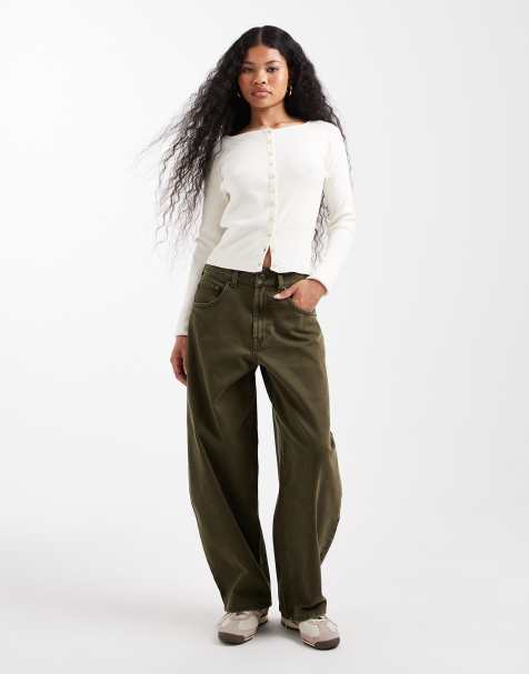 ASOS DESIGN Petite high waisted barrel leg jeans in khaki - view 1