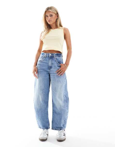 ASOS DESIGN Petite high waisted barrel leg jeans in light mid blue - view 1