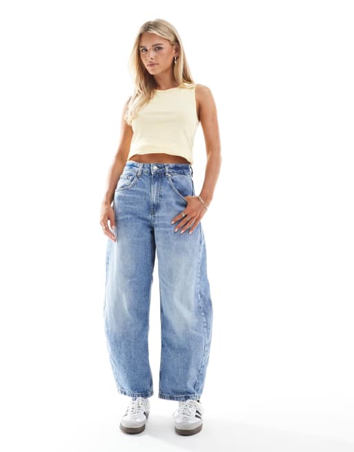 ASOS DESIGN Petite high waisted barrel leg jeans in light mid blue