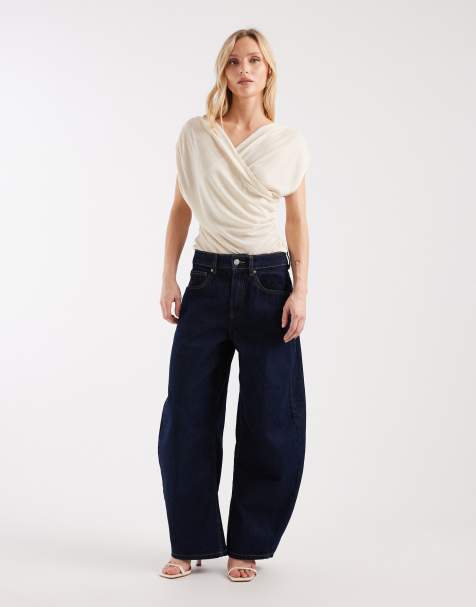 ASOS DESIGN Petite high waisted barrel leg jeans in rinse wash
