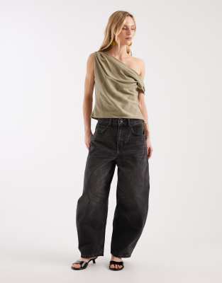 ASOS Petite ASOS DESIGN Petite high waisted barrel leg jeans in washed charcoal-Black