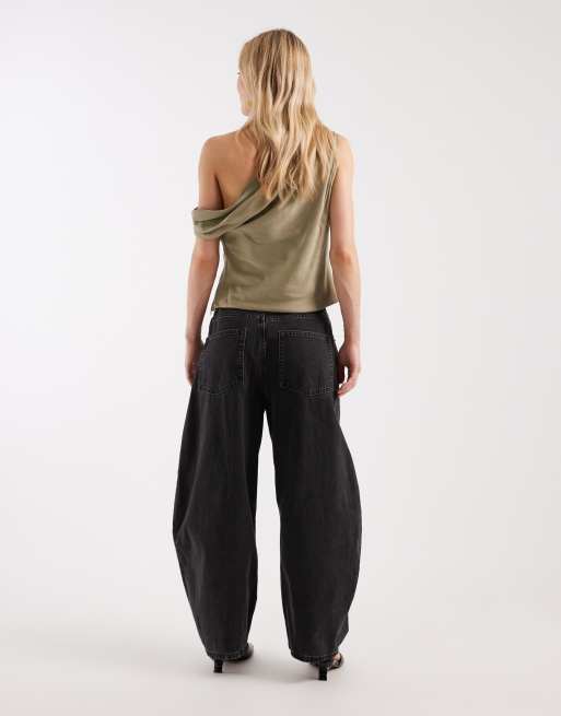 ASOS DESIGN Petite high waisted barrel leg jeans in washed charcoal, 2 of 5