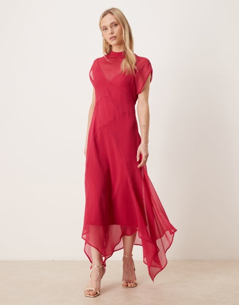 ASOS DESIGN Petite - Hindbærrød højhalset maxikjole i chiffon med tørklædekant forneden - view 1