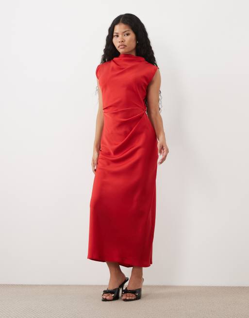 ASOS DESIGN Petite højhalset midikjole med plisseret liv i rød, 2 af 4