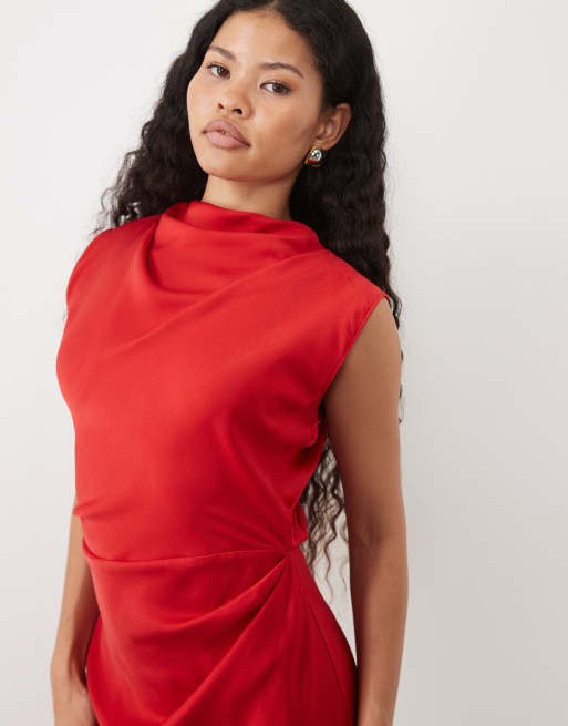 ASOS DESIGN Petite højhalset midikjole med plisseret liv i rød, 3 af 4