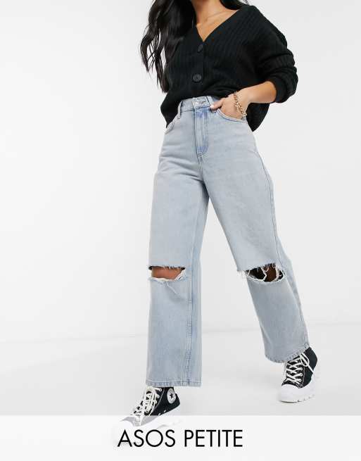 ASOS DESIGN Petite - Højtaljede dad-jeans i lys vask med flænger i afslappet pasform