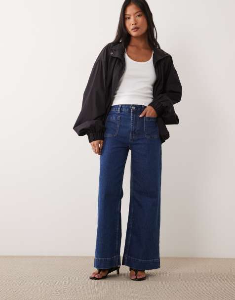 ASOS DESIGN Petite højtaljede jeans med brede ben og forlommer i mørkeblå vask - view 1