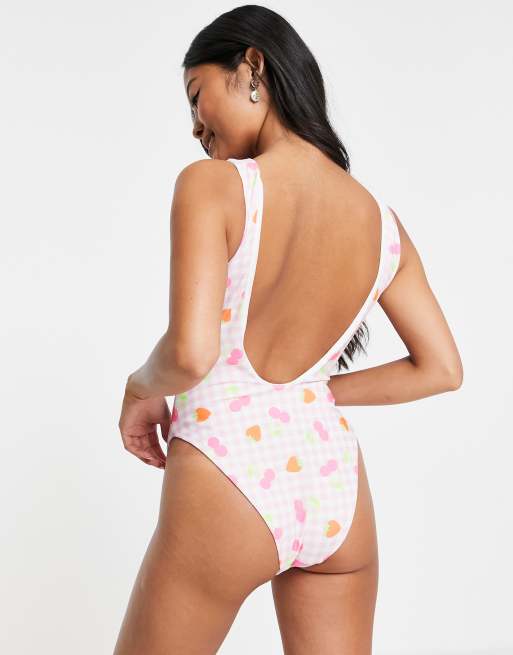 ASOS DESIGN Petite ‑ Hochgeschlossener Badeanzug mit Vichy-Karo und Obst-Print in Neon, 2 von 4