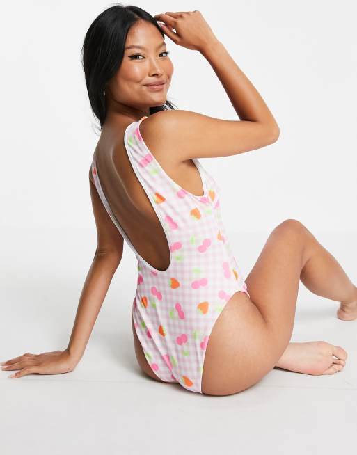ASOS DESIGN Petite ‑ Hochgeschlossener Badeanzug mit Vichy-Karo und Obst-Print in Neon, 4 von 4